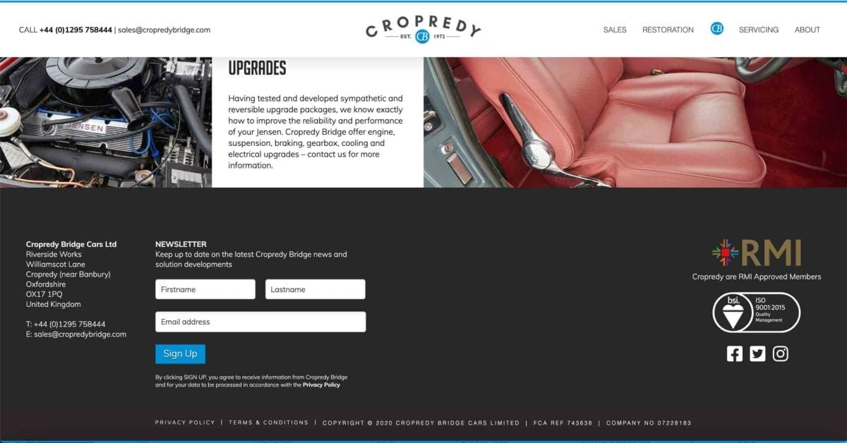 Copredy Bridge Garage website development - car restoration page design footer