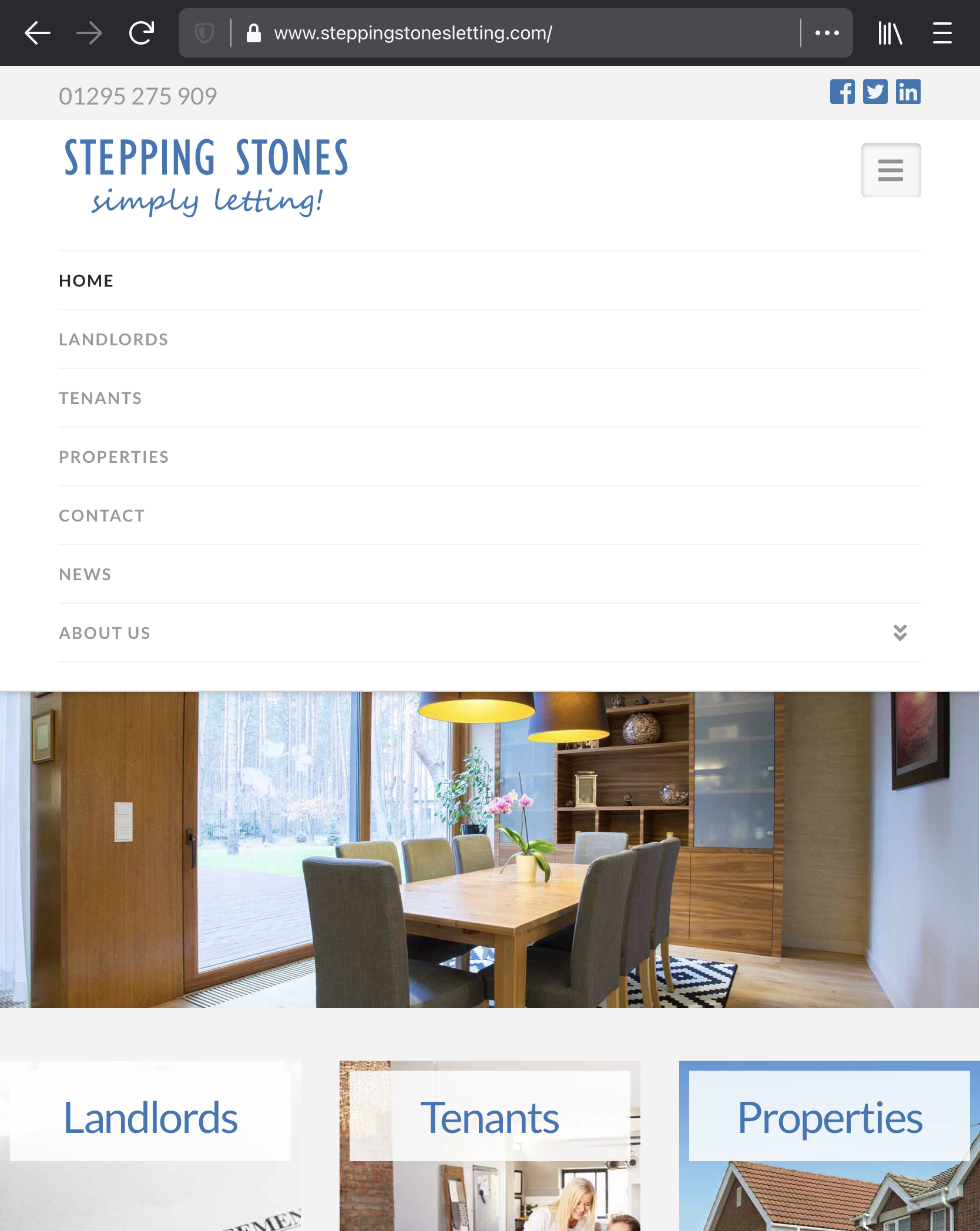 steppingh stones letting website homepage mobile menu